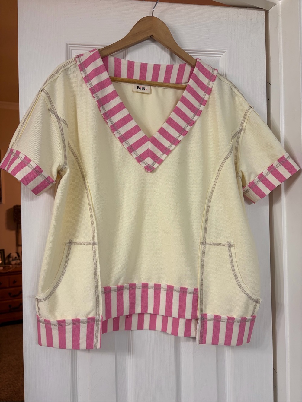 BiBi Cream Top with Pink Stripe Trim